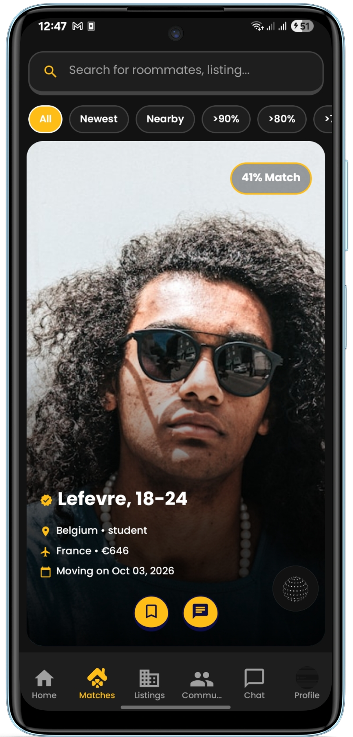 Roomy app roommate matching screen
